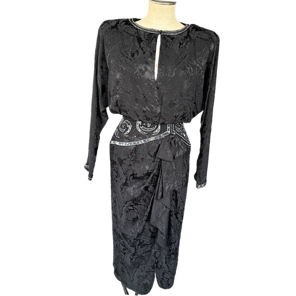 A.J. BARI 100% Silk 1980s Vintage Black Dress Asymmetrical Beaded with Sequins - Picture 7 of 13